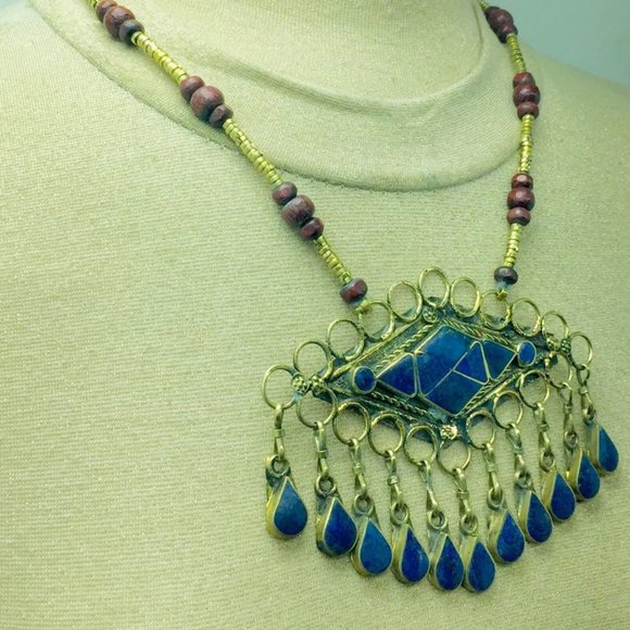 Lapis Lazuli Pendant Necklace With Beaded Chain, Handmade Beaded Chain Necklace, - Picture 5 of 12